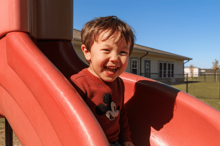 Child smiling during first week preschool classroom activities