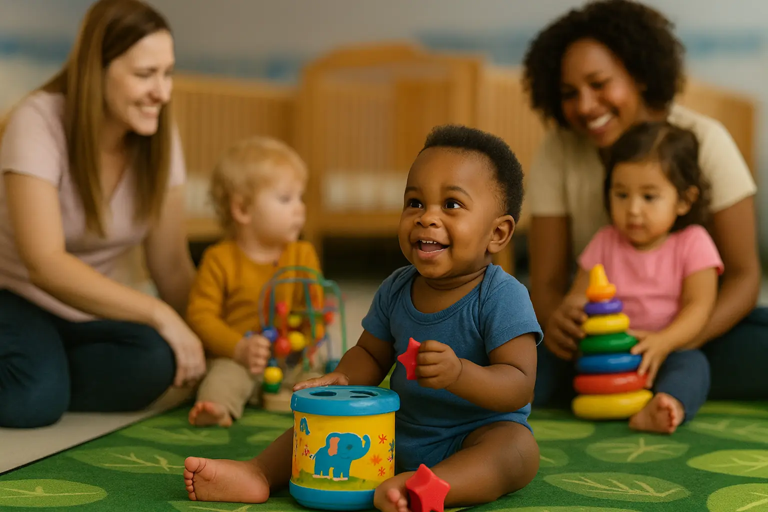 Infant playing with toys on floor while teachers engage in background at STEM Child Care Castle Rock

