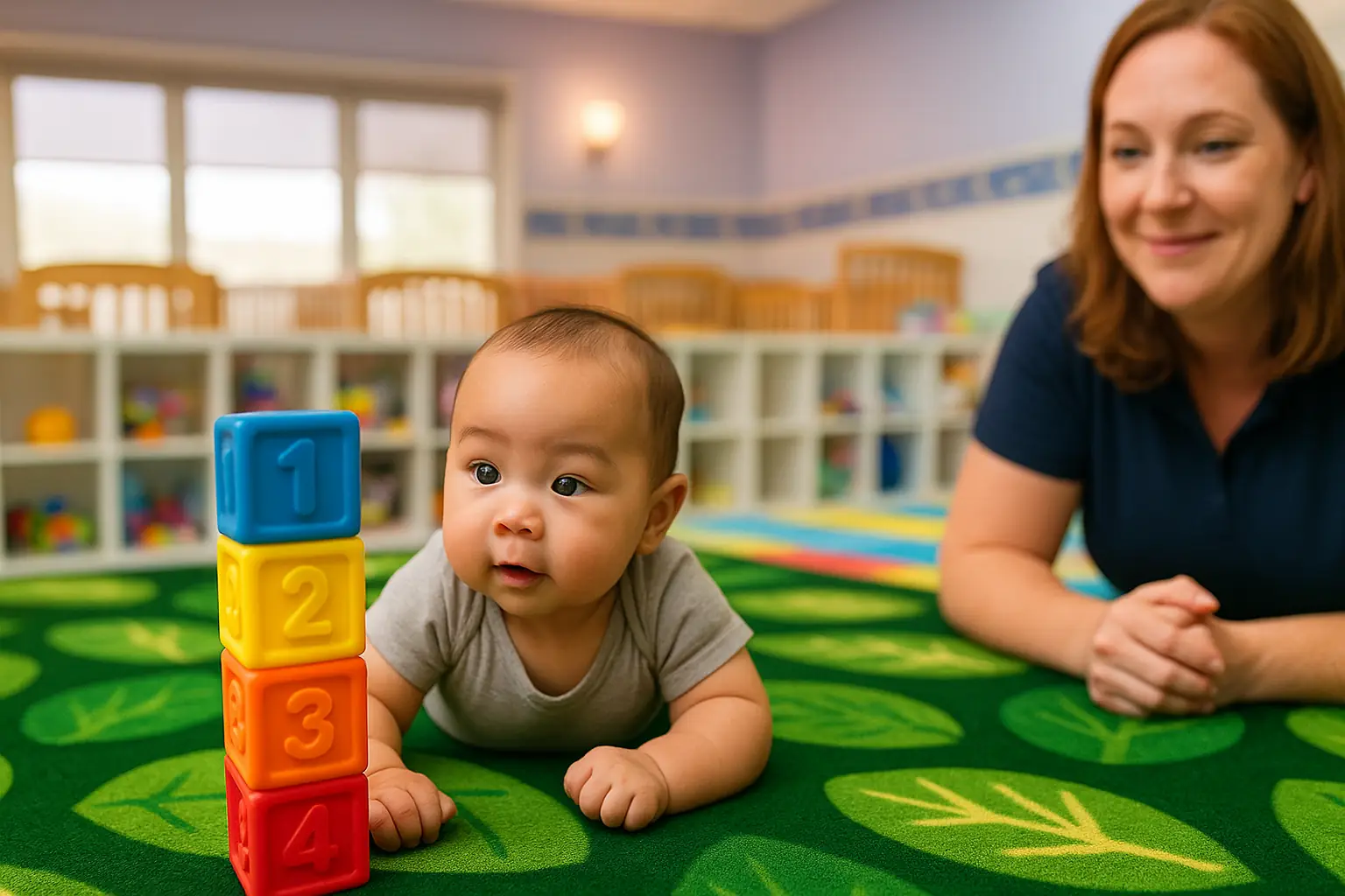 Infant playing with colorful blocks on the floor during indoor playtime at STEM Child Care in Castle Rock

