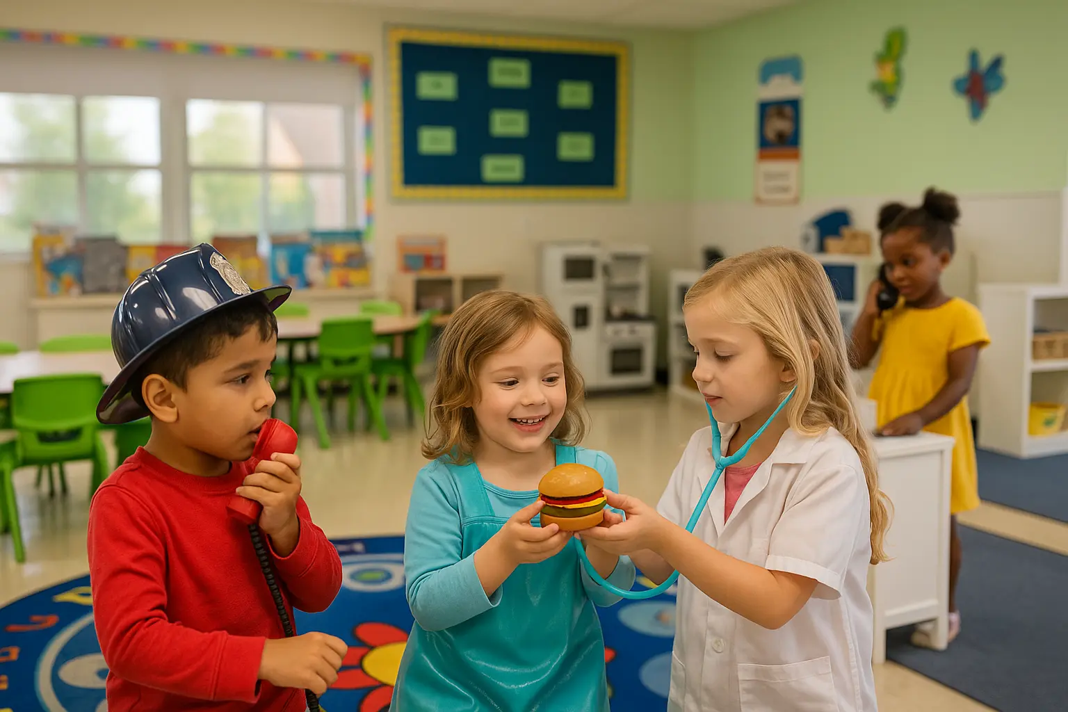Five-year-old preschool students engaging in dramatic play at STEM Child Care in Castle Rock, Colorado

