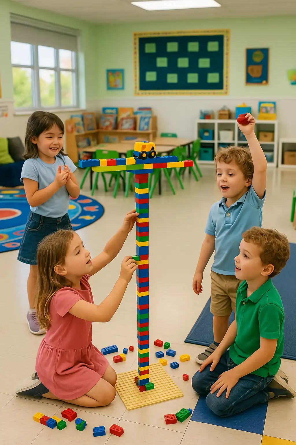 Five-year-old preschoolers building a tall Lego tower together at STEM Child Care in Castle Rock, Colorado

