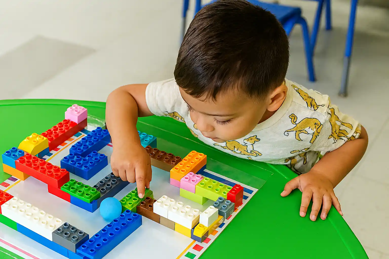Preschool child building and exploring a Lego maze STEM activity at STEM Child Care in Castle Rock, Colorado

