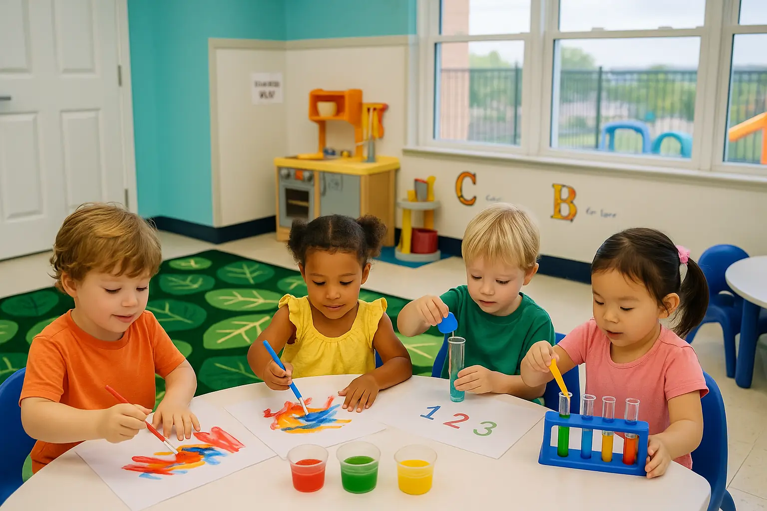 Toddlers participating in hands-on table activities at STEM Child Care Castle Rock