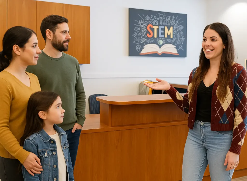 STEM Child Care director welcoming a family during a preschool tour in Castle Rock Colorado