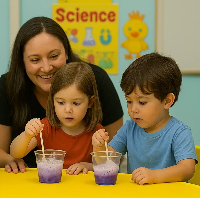 Preschool students at STEM Child Care in Castle Rock, CO conducting a simple science experiment with teacher guidance.