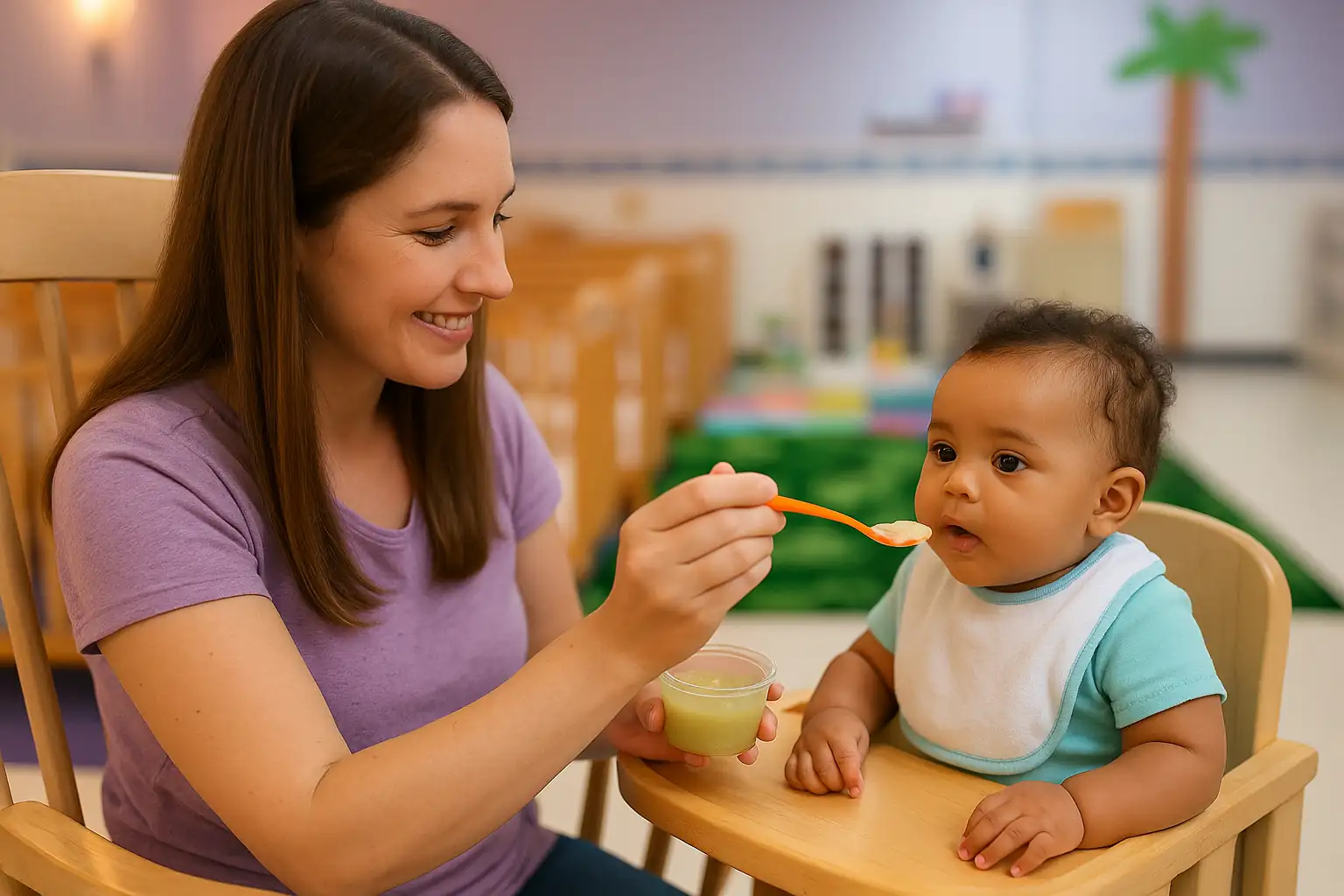 Preschool teacher feeding infant during mealtime at STEM Child Care Castle Rock

