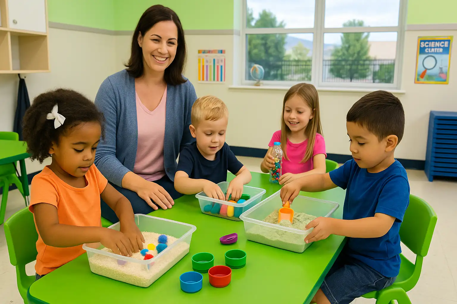 Toddlers exploring sensory bins at STEM Child Care in Castle Rock

