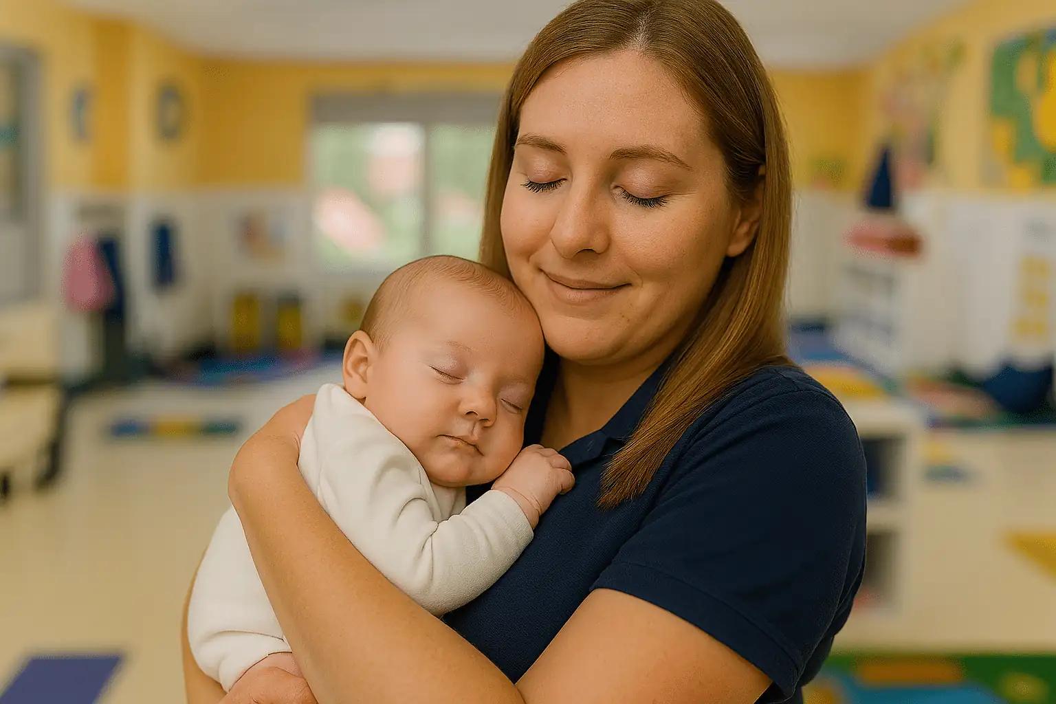 Teacher gently cuddling an infant at STEM Child Care in Castle Rock, Colorado


