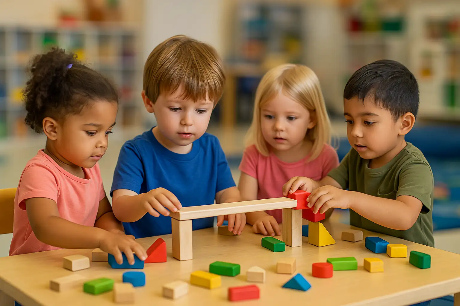 Preschool children building a wooden block bridge together at STEM Child Care Castle Rock