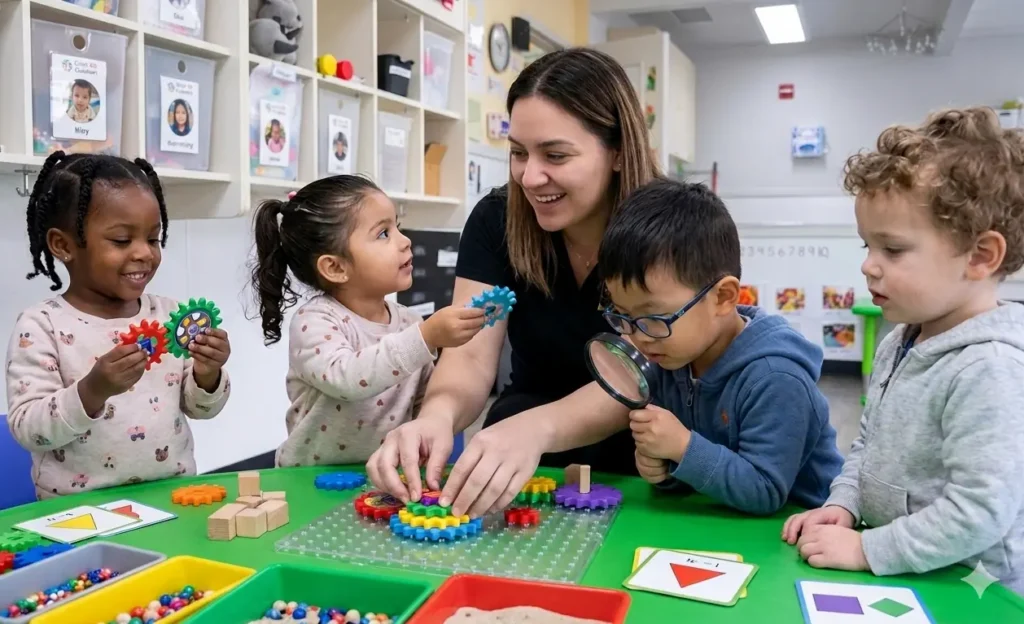 preschool teacher guiding toddlers STEM activity classroom Castle Rock Colorado early learning daycare