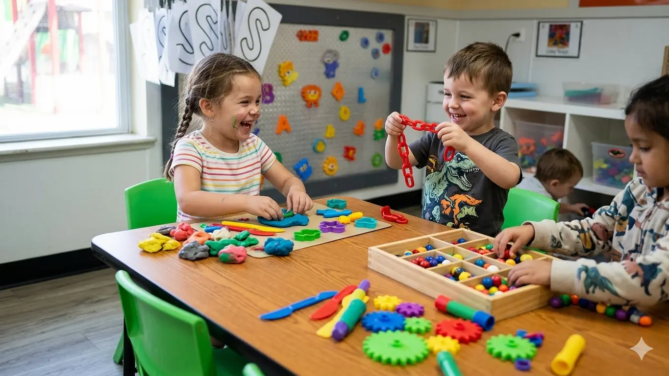4 year old preschool children playing with gears and playdough in STEM classroom in Castle Rock Colorado