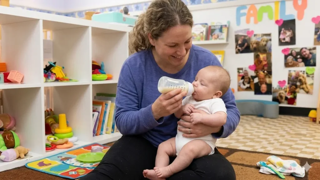 Safe infant daycare  classroom with age-appropriate learning materials