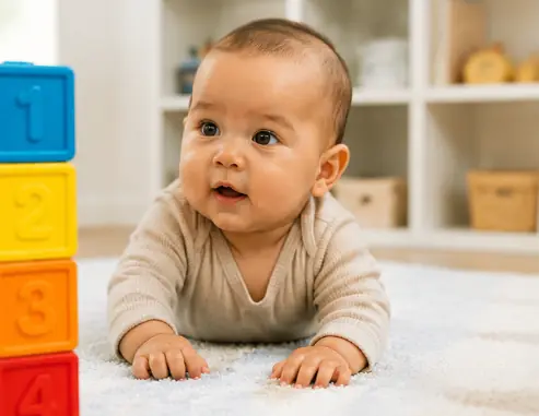 Happy infant playing with educational toys at STEM Child Care in Castle Rock Colorado infant classroom.