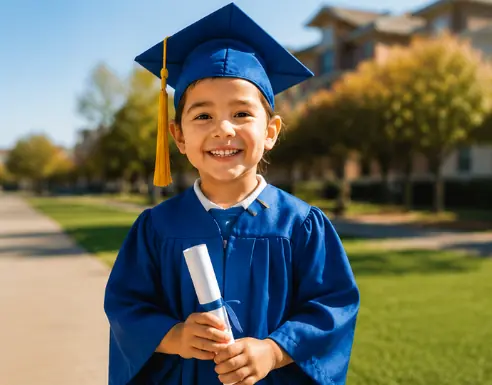 Happy Pre-K graduate smiling outdoors at STEM Child Care in Castle Rock Colorado.