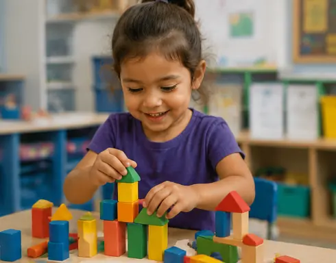 Preschool child building with blocks during hands-on STEM learning activity in Castle Rock Colorado preschool classroom.