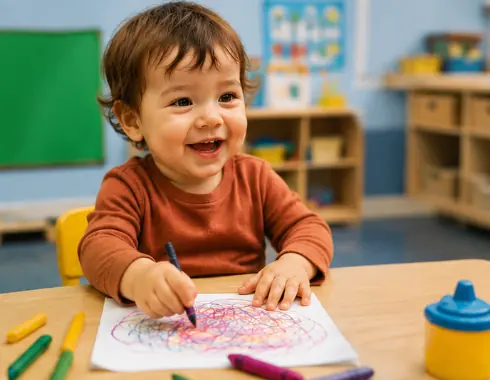 Happy toddler drawing and learning in a preschool classroom at STEM Child Care in Castle Rock Colorado.